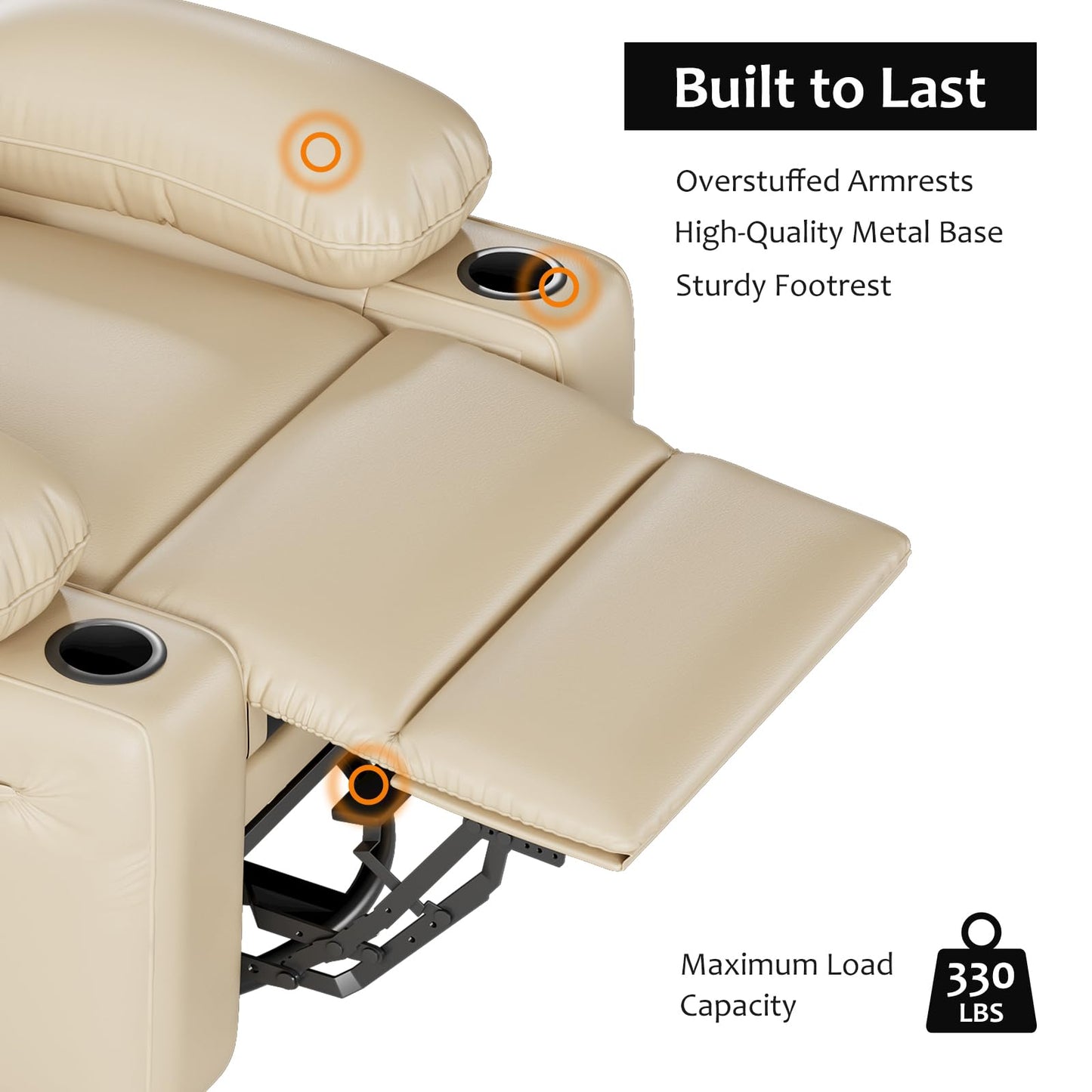 GarveeHome Leather Recliner Chair, Manual Recliner w/Comfortable Arms and Cup Holders for Living Room CF8011 - Beige, Medium