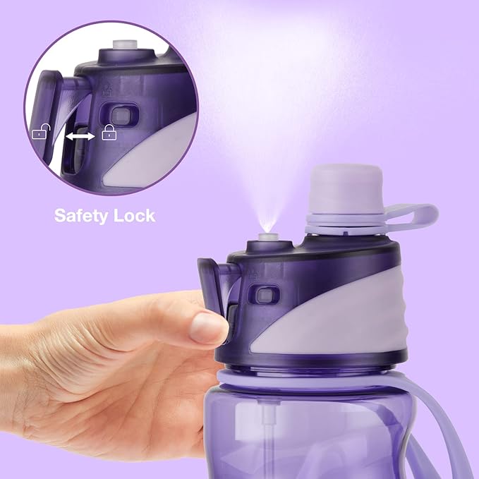 FEIJIAN Mist Water Bottle,22oz Sports Water Bottle with 2-IN-1 Mist & Sip Function, BPA-Free Plastic Water Bottles, Misting Water Bottle, Leakproof & Lightweight, Ideal for Fitness and Outdoor, Purple