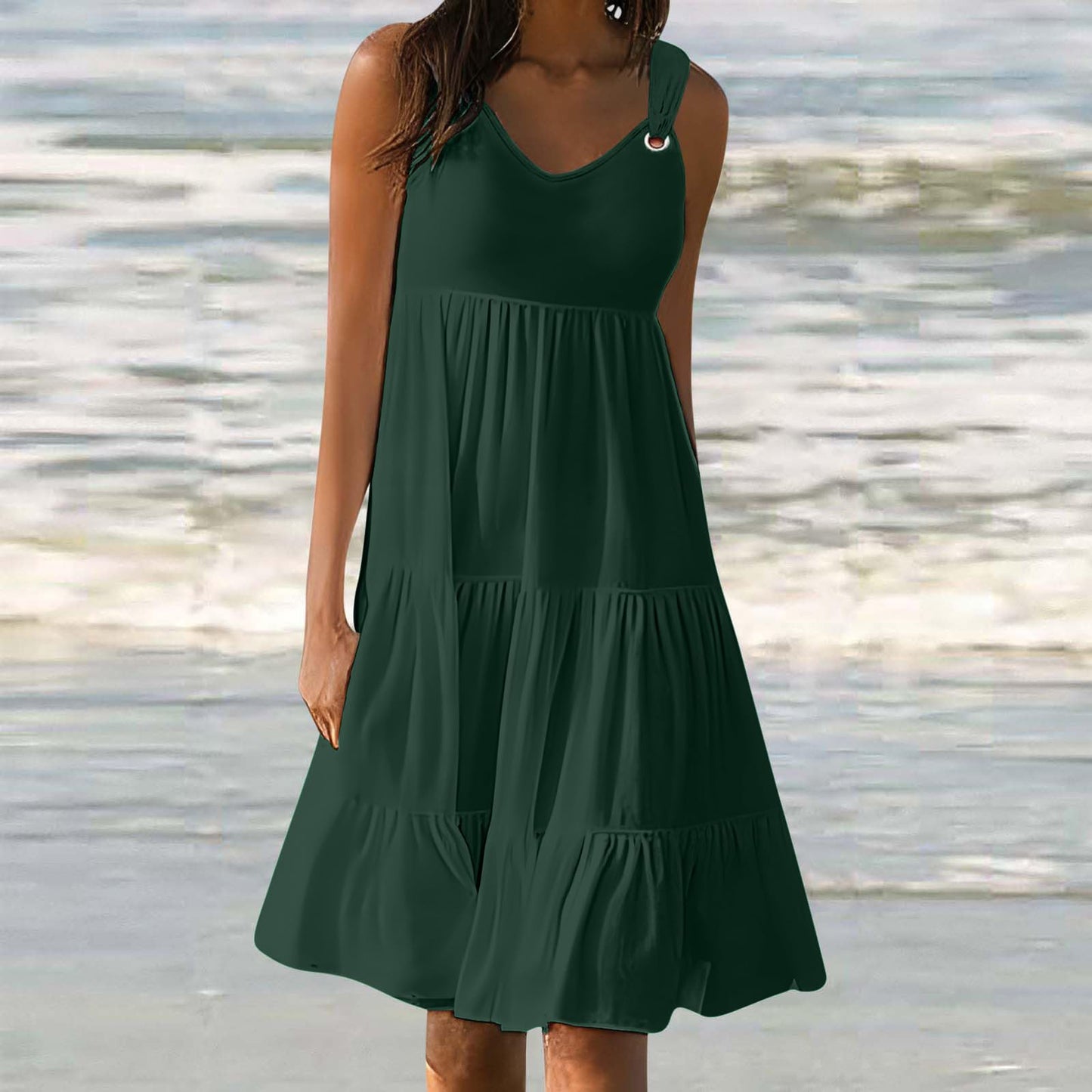 Anjikang cheap womens clothes Summer Dresses for Women 𝟮𝟬𝟮𝟰 Sleeveless Beach Tank Dresses Tiered Ruffle Swing Dress Casual Solid Color Dresses, Large