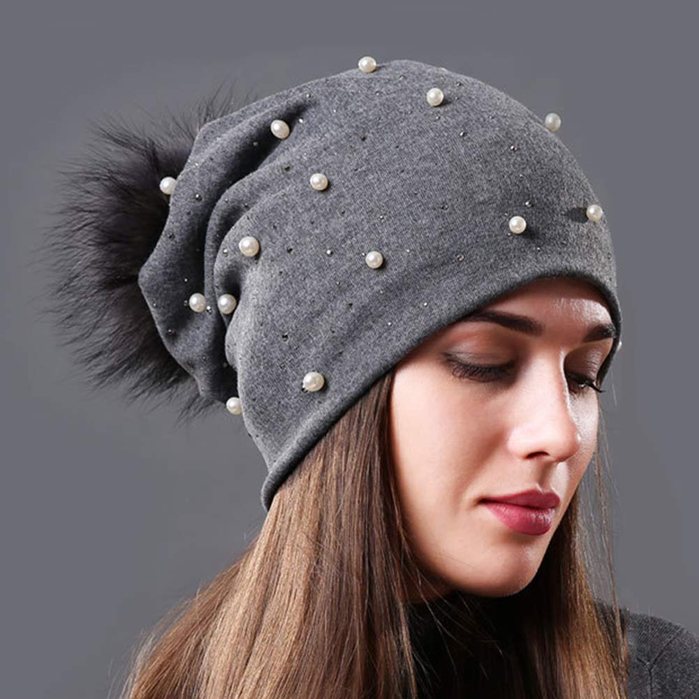 AICHUAN Womens Slouchy Beanie Hat with Fur Ball Pompom Cotton Pearls Winter Fall Hat