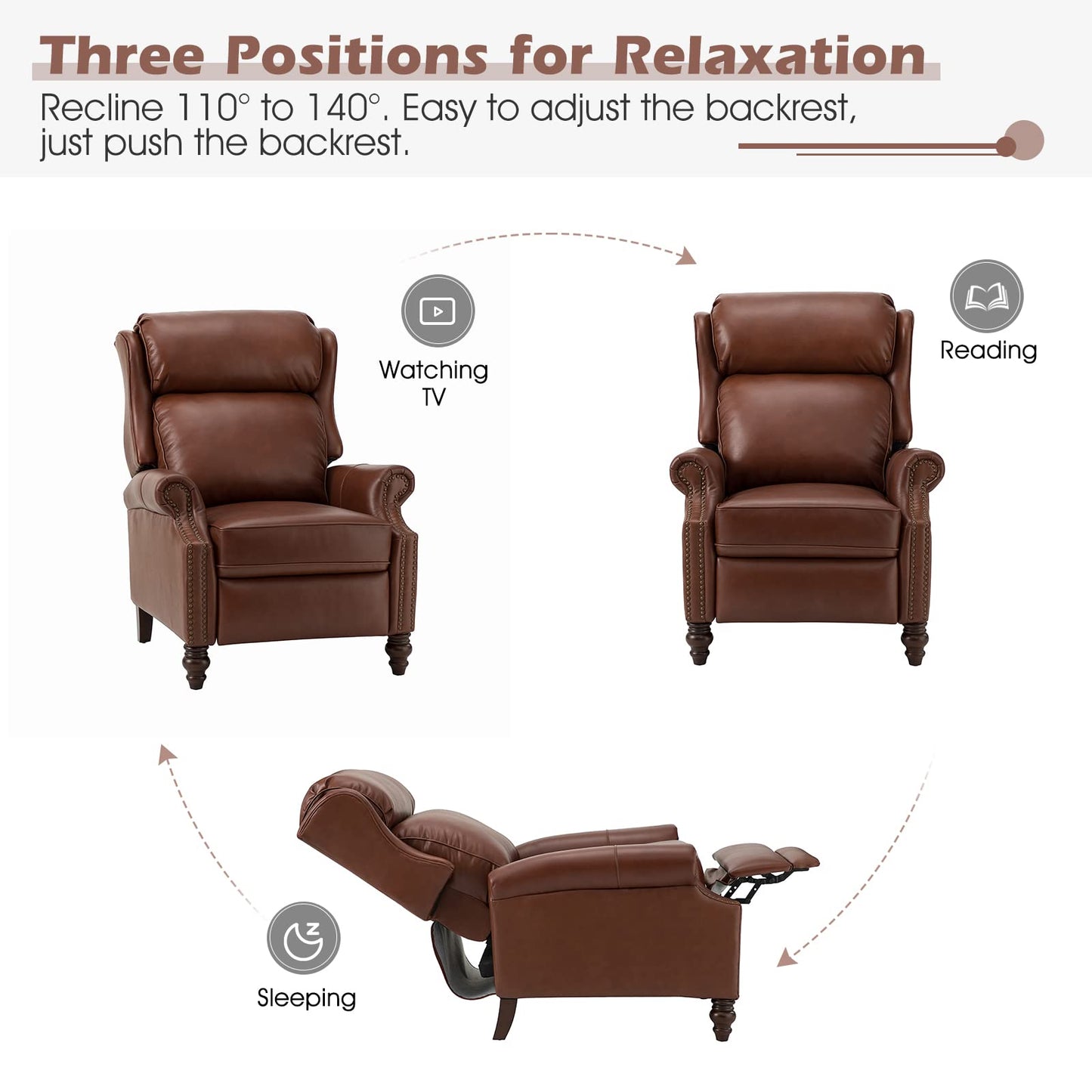 HULALA HOME Genuine Leather Recliner Chair, Traditional Manual Pushback Comfy Seating for Living Room, Thick Cushion & Solid Wood Legs, Wingback Recliner with Nailhead Trim, Brown