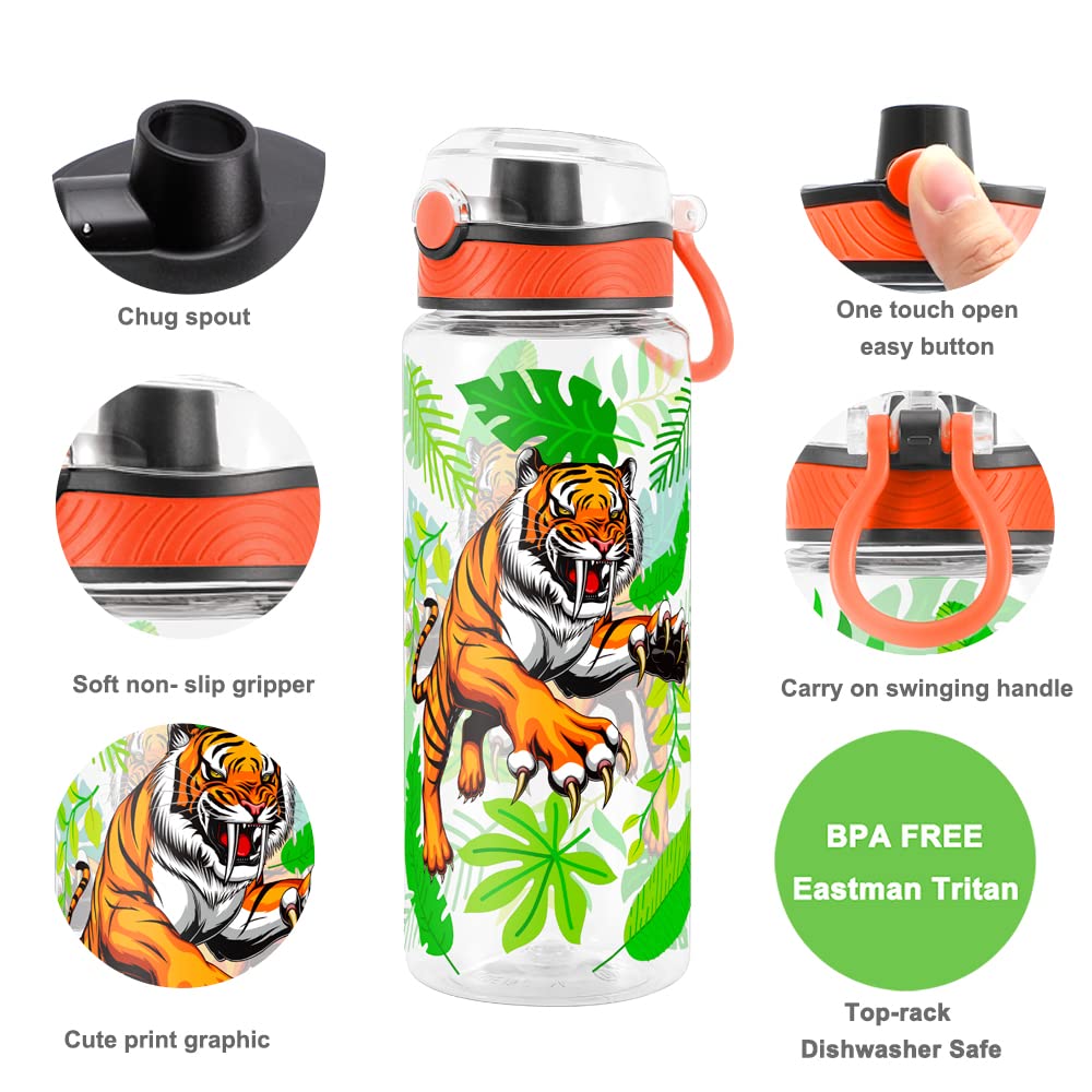 Cute Water Bottle for School Kids Girls, BPA FREE Tritan & Leak Proof & Easy Clean & Carry Handle, 23oz/ 680ml - Tiger