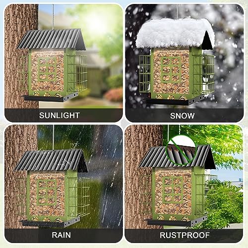 Bird Feeders for Outdoors Hanging, Metal Bird Feeder with Double Suet Cage Cake, Large Capacity, Birdfeeders Sturdy & Weatherproof, Easy to Clean & Refill, Great for Attracting Wild Birds