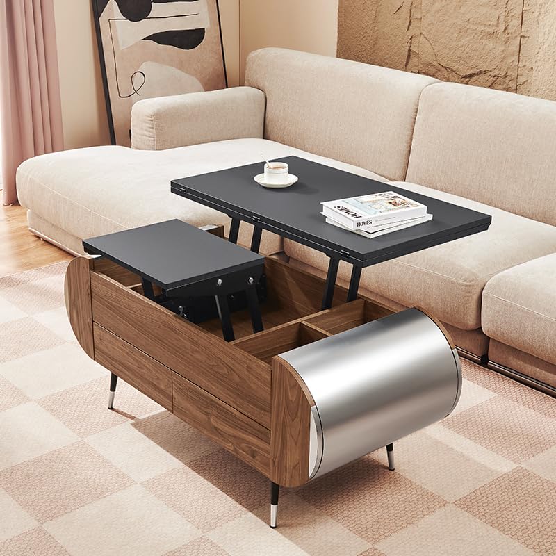 ALIVING Coffee Table, 47.2" Lift Top Coffee Table with 4 Storage Drawers and Rounded Edges, Farmhouse Center Table with Wooden Lift Tabletop, for Living Room,Walnut