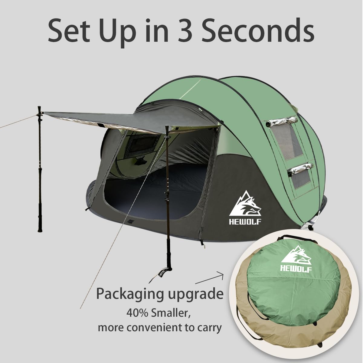 HEWOLF 3-4 Person Pop Up Tents for Camping Easy Set Up Pop Up Tent Waterproof Portable Tent Automatic Setup with 2 Bigs Doors Family Tents for Hiking (Green)