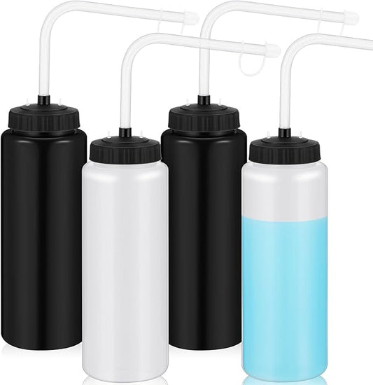 Domensi 4 Pack 1 Liter Sports Water Bottle W/Long Straw Hockey Lacrosse Water Bottle with Straw BPA Free Easy Squeeze Plastic Use W/Sport Helmet in Football Baseball Gym Yoga(Black, Translucent)