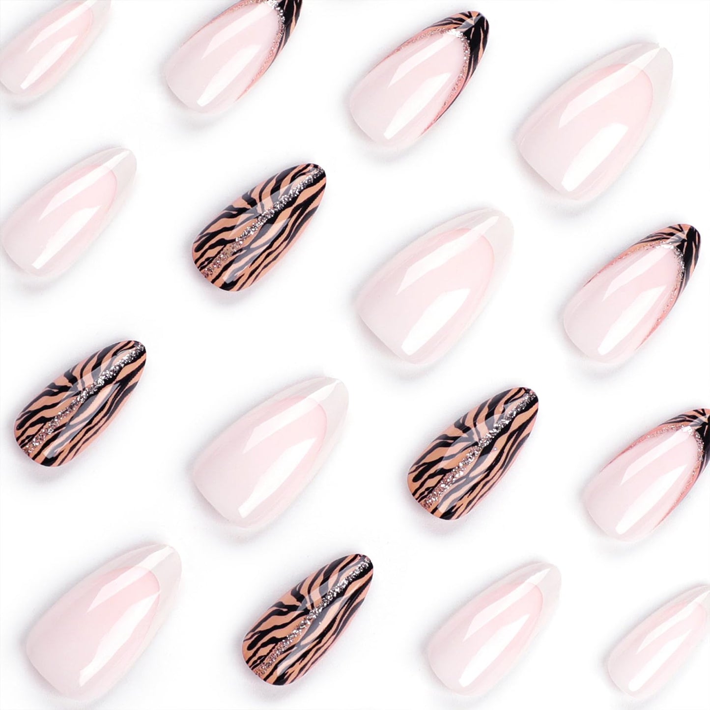 Almond Press on Nails Medium Fake Nails with Designs White French Tip False Nails Press ons Glitter Line Zebra Print Glossy Acrylic Glue on Nails Full Cover Artificial Stick on for Women Supplies