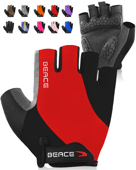 BEACE Cycling Gloves Bike Gloves Biking Gloves Half Finger MTB Road Bicycle Gloves for Men and Women-Breathable Anti-Slip Shock-Absorbing Pad Motorcycle Mountain Bike Gloves (Red, L)