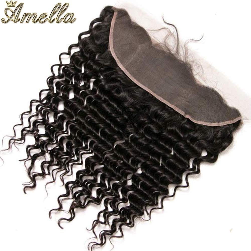 Amella Hair Deep Wave 3 Bundles with Frontal Ear to Ear Lace Frontal Closure with Bundles Brazilian Virgin Hair with Closure Human Hair Extensions (14 16 18+12inch)