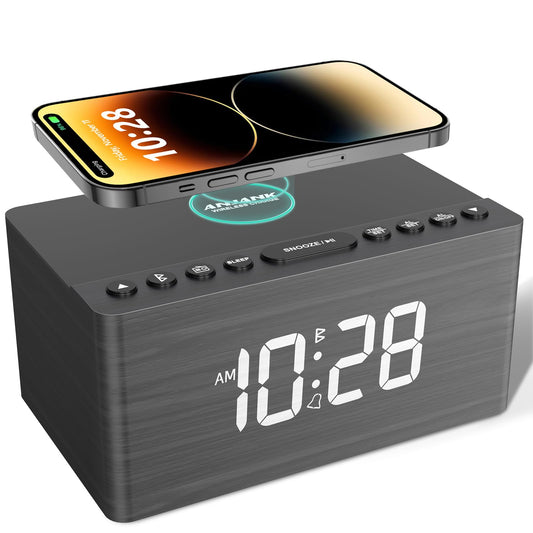 ANJANK Wooden Bluetooth Speaker, Alarm Clock with FM Radio, Qi Certified Fast Wireless Charging Station for iPhone/Samsung, USB Charger Port, Dimmable Display, Digital Wood Clock for Bedroom, Bedside
