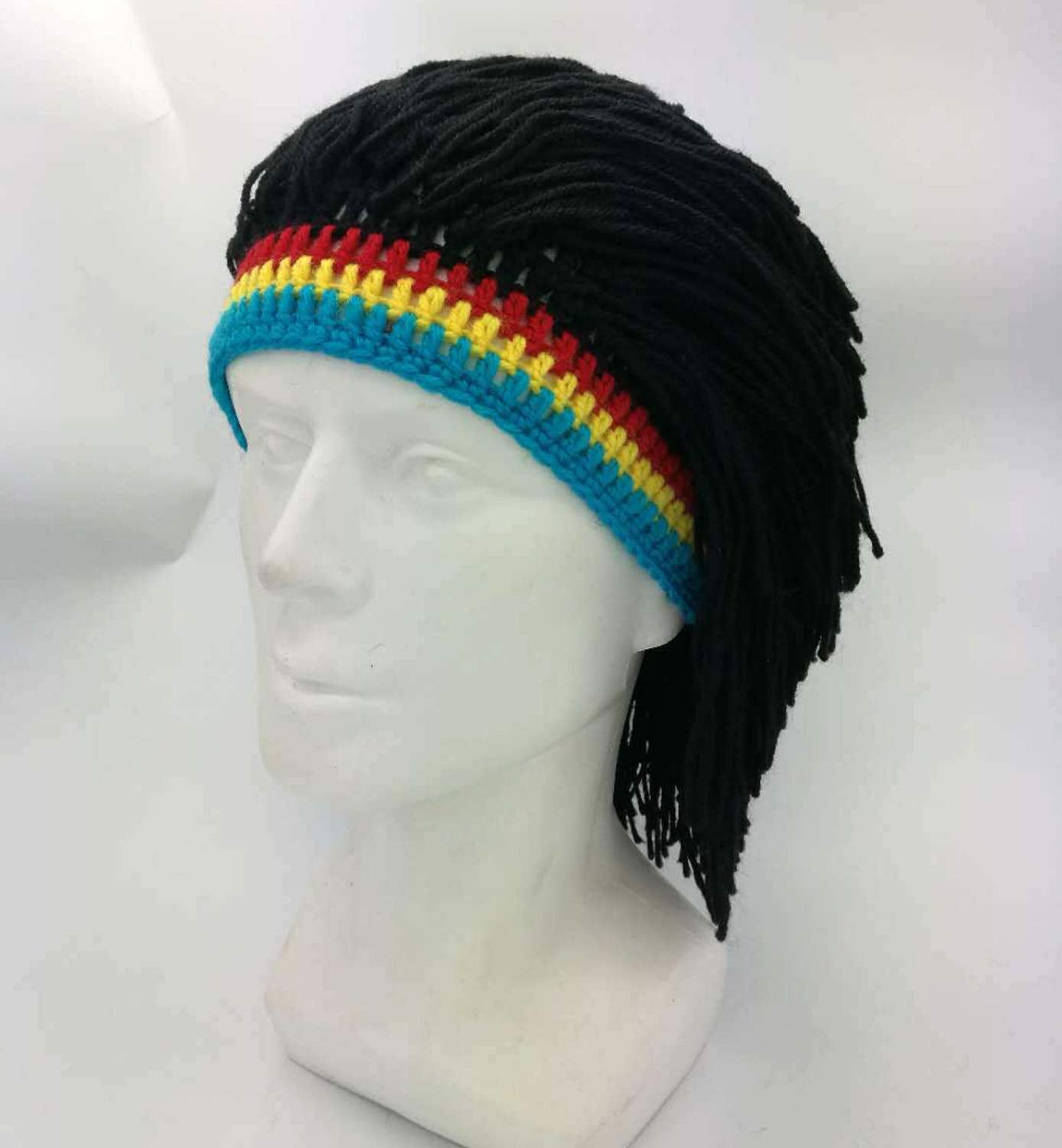 Kirmoo Knit Rasta Beanie Hats for Men Funny Winter Hats for Adults Jamaican Hat with Dreadlocks Fake Dreads Wig(Red Yellow Blue)