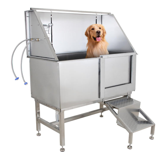 GarveeLife 50'' Dog Grooming Tub, Professional Bathtub with Retractable Stairs, Stainless Steel Pet Grooming Tub for Small & Large Dog, Right Door