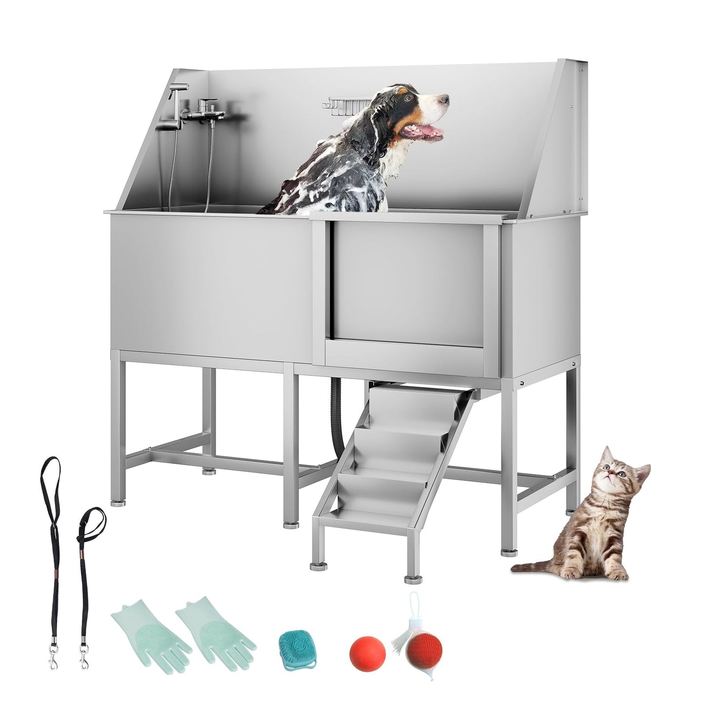 62" Professional Stainless Steel Dog Bathing Station, Large Dog Washing Station W/Dog Bath Brush, Washing Gloves, Floor Grate, Dog and Cat Bath Tub, Dog Washing Sink (62 Inch Right Door)