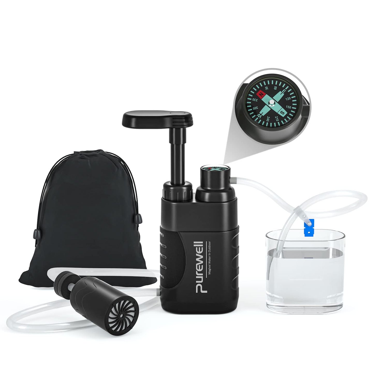 Purewell PRO Water Hand Purifier Pump with Replaceable Carbon 0.01 Micron Water Filter, 4 Filter Stages, Portable Outdoor Emergency and Survival Gear - Camping, Hiking, Backpacking