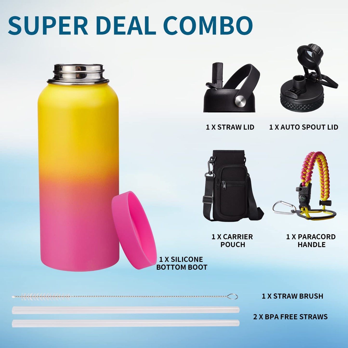 Stainless Steel Water Bottles 32oz - Cold-48h Hot-24h Insulated Water Bottle with Straw & Auto Spout Lid, Carrier Bag & Protective Cup Mat, Metal Thermo Flask Reusable Gym Waterbottle Jug Leak Proof