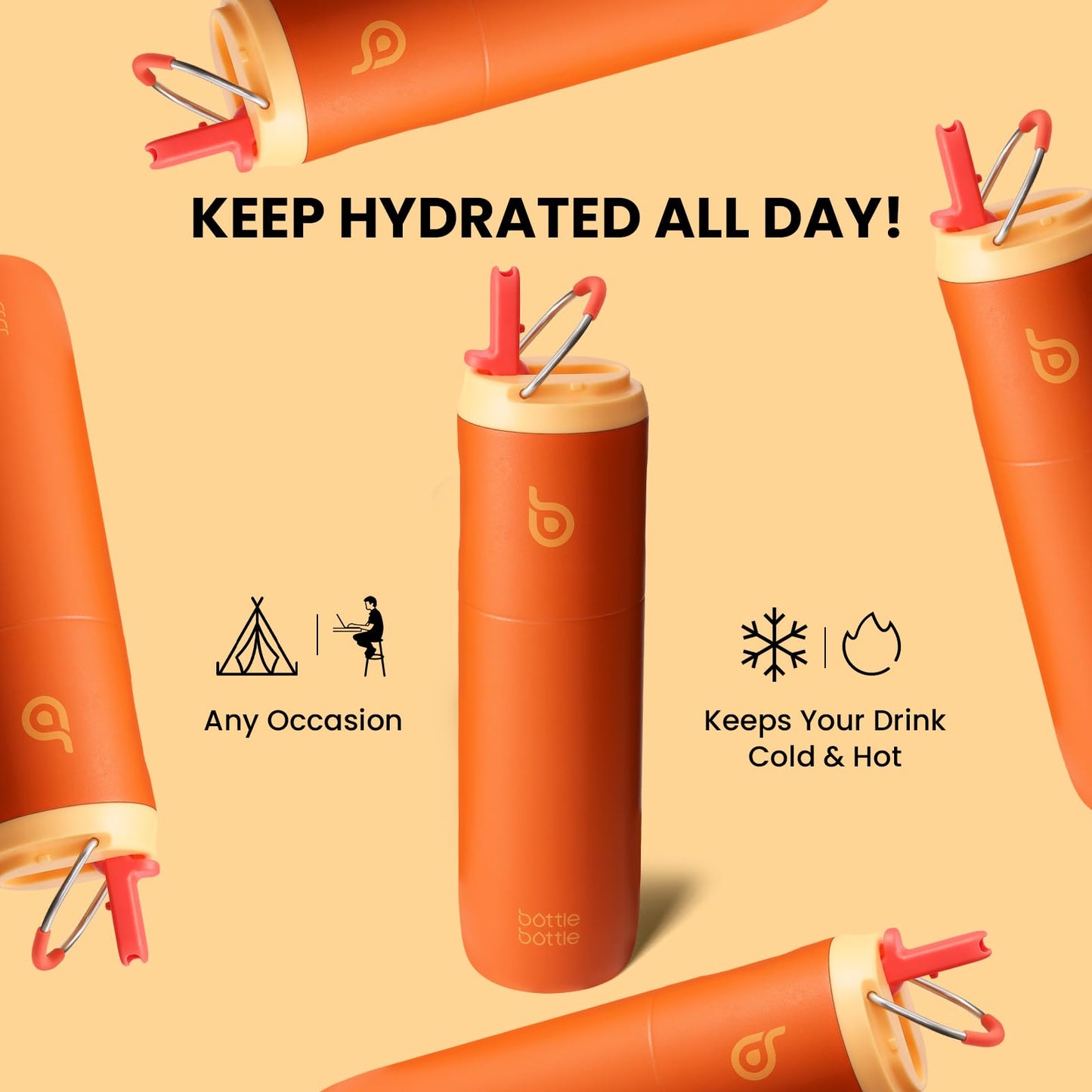 BOTTLE BOTTLE Insulated Water Bottle 24oz with Straw Lid and Handle for Sports Travel Gym Stainless Steel Water Bottles Double-Wall Vacuum Metal Thermos Bottles Leak Proof BPA-Free (Orange)