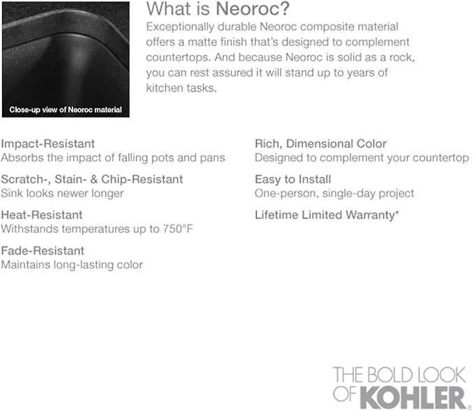 KOHLER K-28000-CM7 Cairn 27.5" Neoroc Composite Undermount Single-Bowl Kitchen Sink, Composite Kitchen Sink with Sink Rack, Matte Graphite