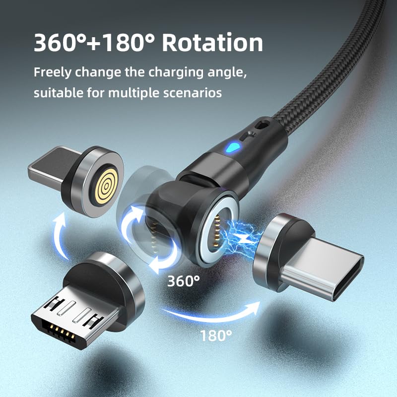 RETTOPS 540°, 7 pin Rotation USB Magnetic Charging Cable, 3 in 1 Charger [4-Pack, 3ft/3ft/6ft/6ft] 3A Fast Charging Cable Support Data Transfer Magnetic Charger Cable for iPhone/Micro USB/Type C