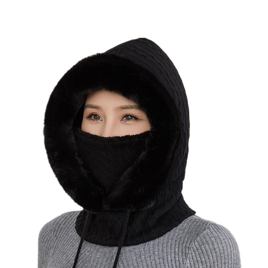 AkiiGer Womens Winter Hats, Warm Hooded Scarf Hat for Women, Fleece Beanie Hats with Drawstring, Winter Balaclava Knit Skull Cap(Black)