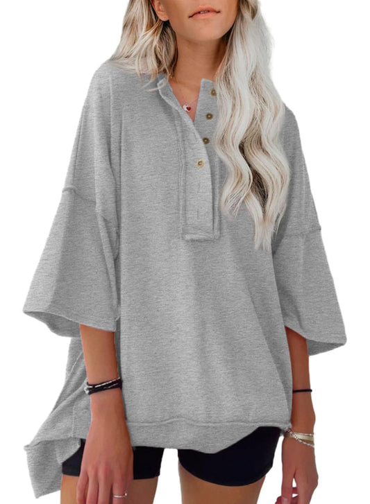AlvaQ Women Short Sleeve Sweatshirt for Summer Henley Neck Tunic Tops Casual Loose Basic Tee Shirts 2024 Trendy Clothes Gray Large