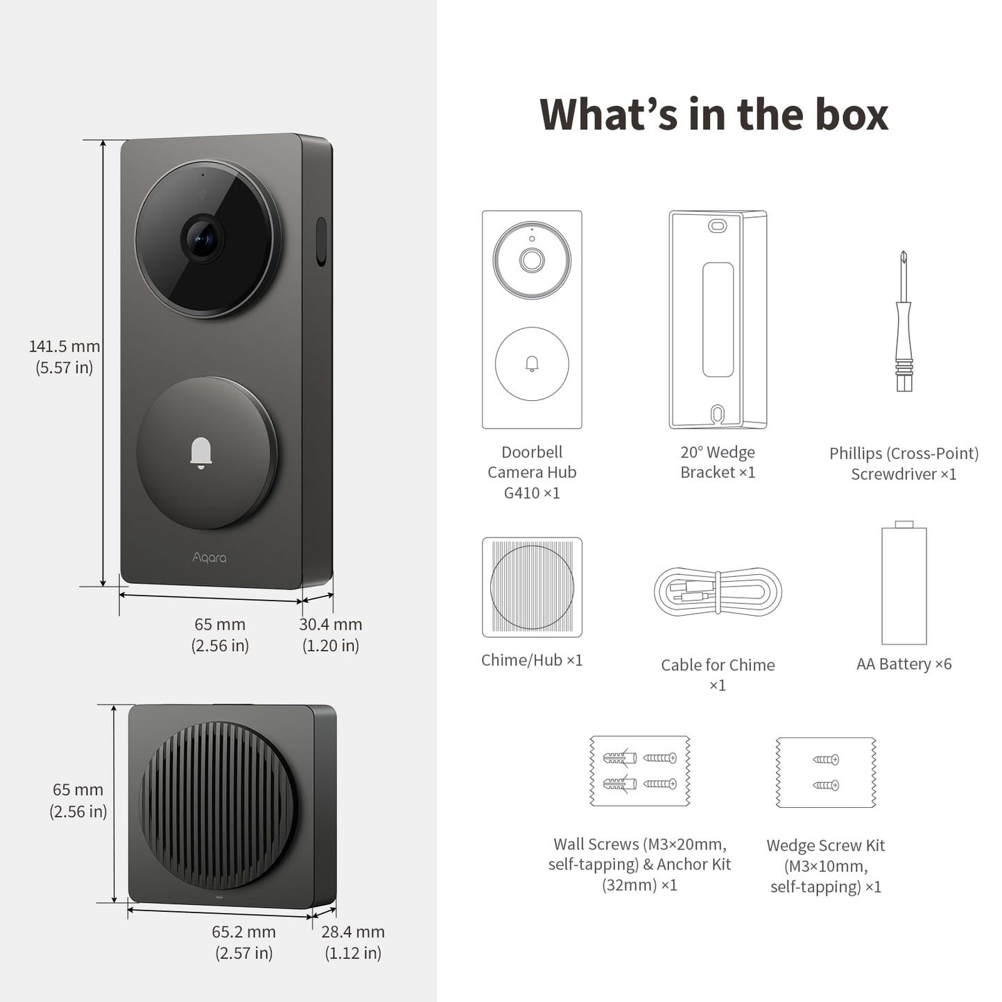 Aqara Smart Doorbell Camera G410 with Chime, 2K, HomeKit Secure Video, 2-Way Audio, Built-in Matter Hub, Wireless/Wired, Supports Apple Home, Alexa, Google, Home Assistant, 2.4G/5GHz Wi-Fi, Gray