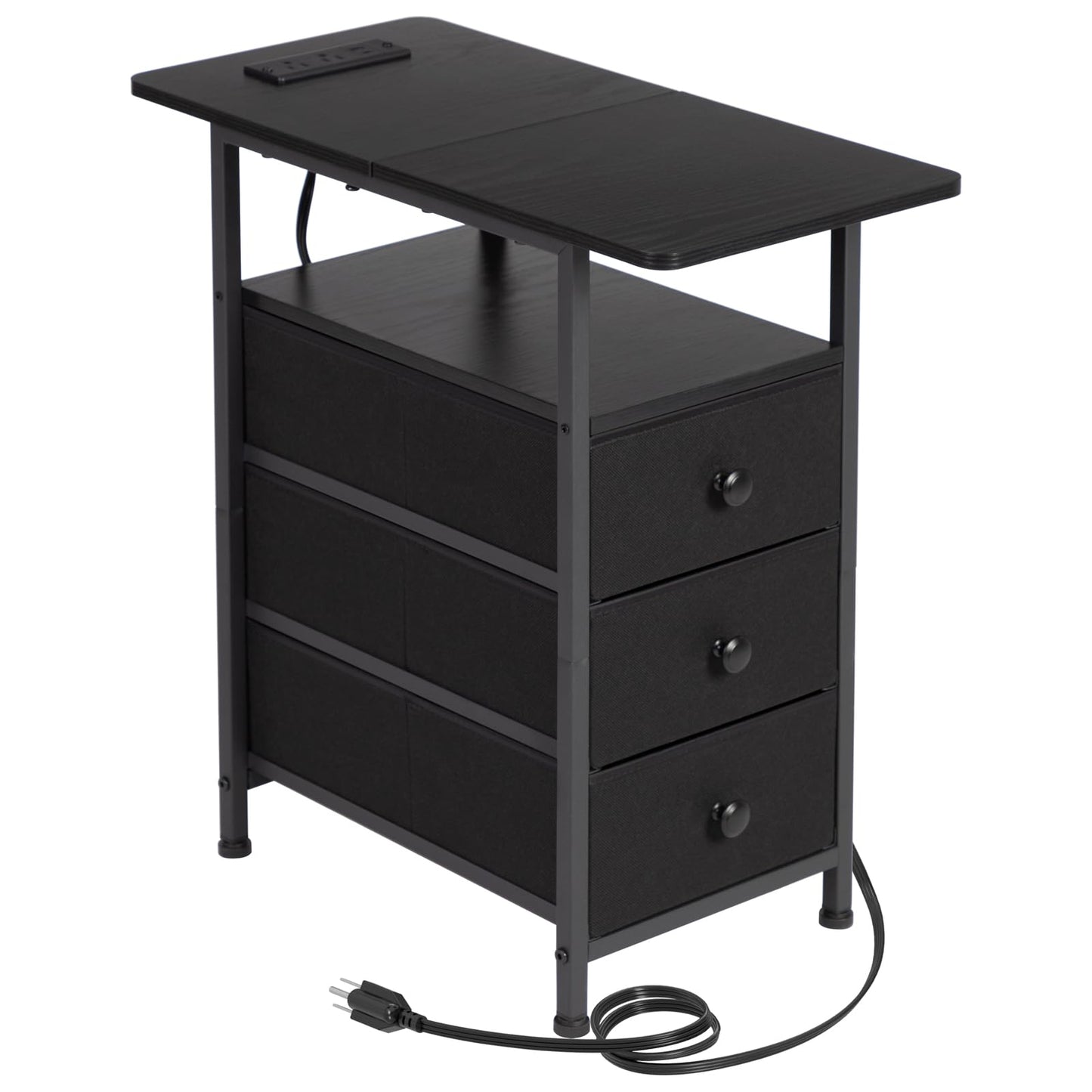 AMHANCIBLE End Tables Living Room with Charging Station, Narrow Side Table with USB Ports and Outlets, Slim Nightstand with 3 Fabric Drawers for Bedroom, Small Space, Black, HETN013BK-1