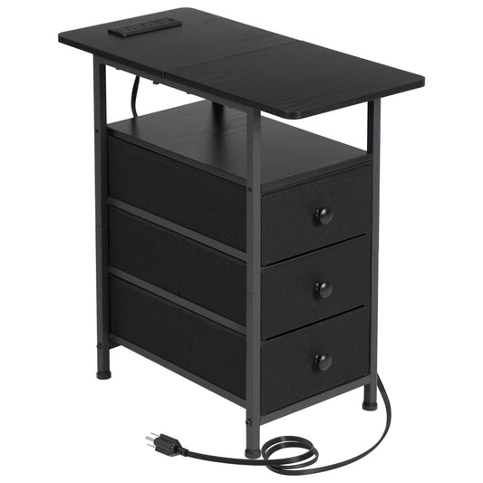 AMHANCIBLE End Tables Living Room with Charging Station, Narrow Side Table with USB Ports and Outlets, Slim Nightstand with 3 Fabric Drawers for Bedroom, Small Space, Black, HETN013BK-1