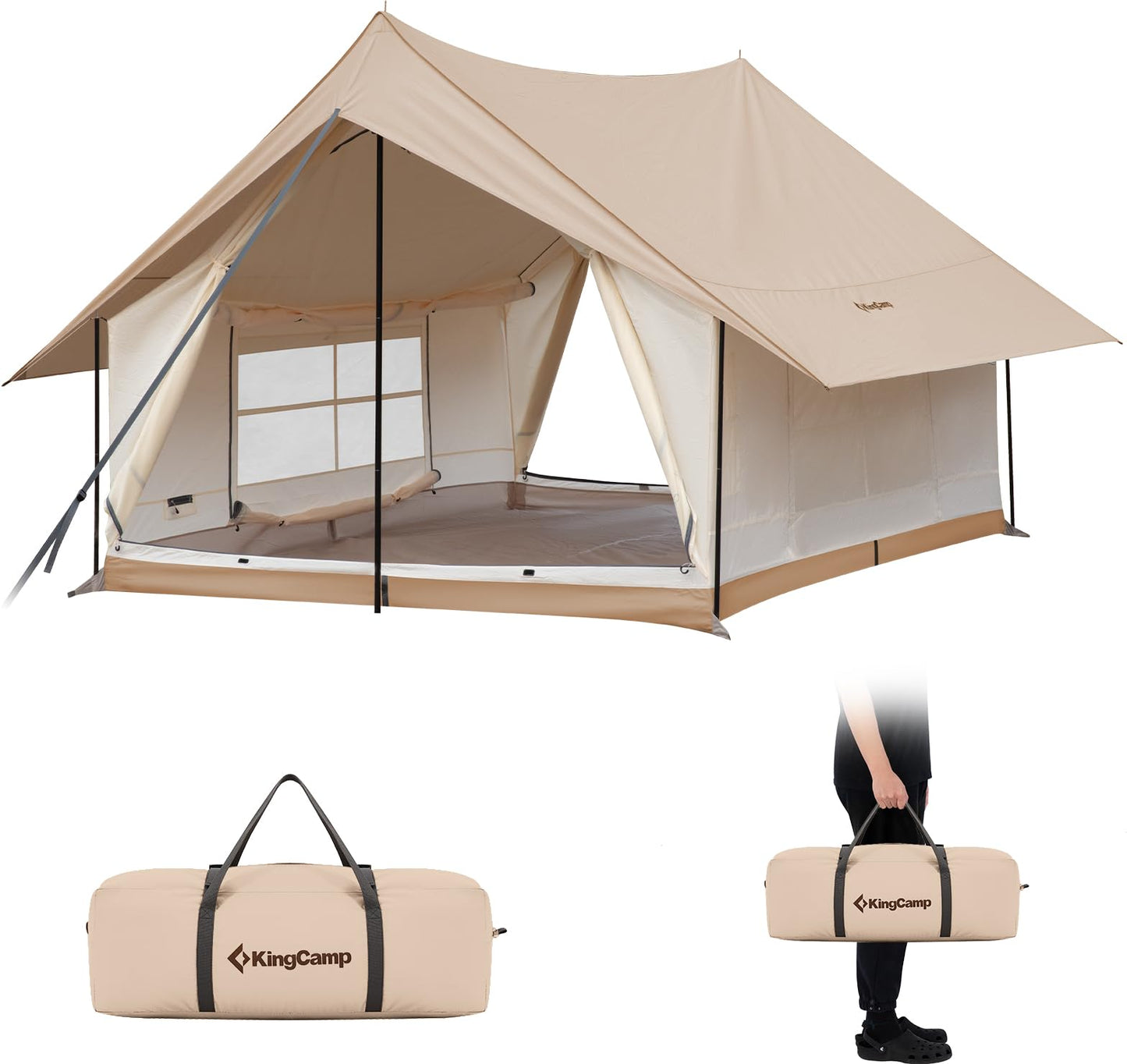 KingCamp 6-8 Person Canvas Tent for Camping Waterproof & Windproof Cabin Tents with Large Mesh Windows, Easy Setup, All Season Wall Tent for Family Camping, Hiking, and Outdoor Events