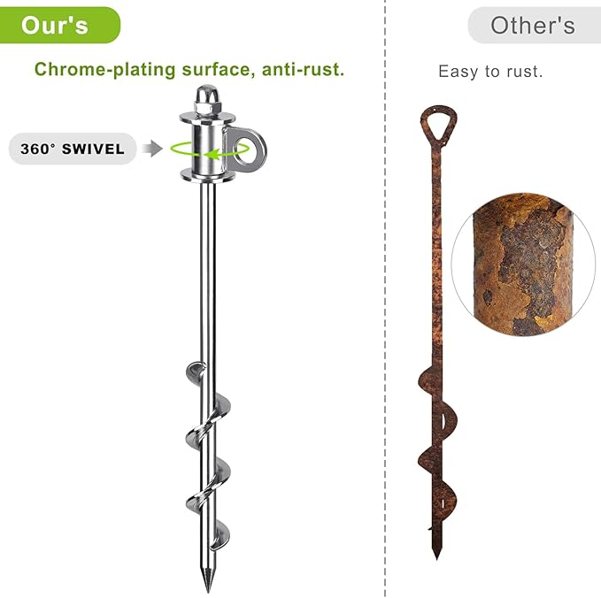 4 Pack Tent Stakes, 16 Inch Heavy Duty Ground Anchors, Full Welding, Easy to Screw in and Reusable, for Camping Tents, Trampolines, Sheds, Swing Sets, Securing Animals