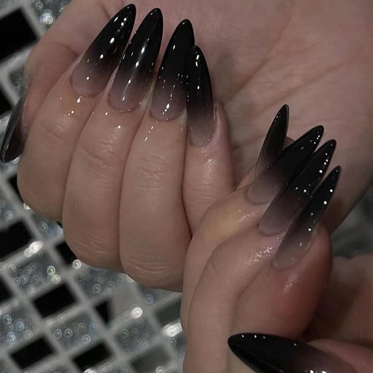 Almond Press on Nails Short Black Fake Nails Press ons Medium False Nails with Designs Ombre Glossy Full Cover Acrylic Glue on Nails Cute Artificial Stick on Nails for Women Nail Art Decoration 24Pcs