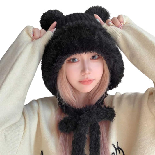 ANKOMINA Winter Cute Bear Ear Warm Hat Women Plush Earflap Beanie Hat Kids Girls Windproof Skull Cap B Black