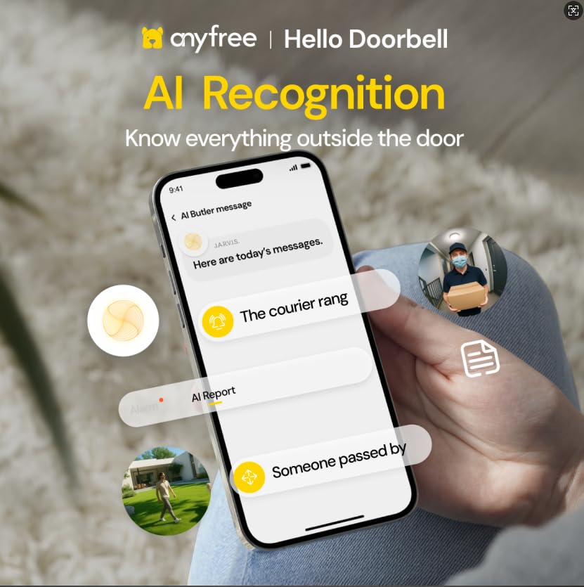 anyfree Hello Doorbell Camera Wireless with Solar Powered Battery, Video Doorbell with Chime, AI Motion Detection&Alert, 2.4&5G WIFI, HDR Ultra-Clear, 3280ft 2-Way Talk, Cloud Storage,Custom Ringtones