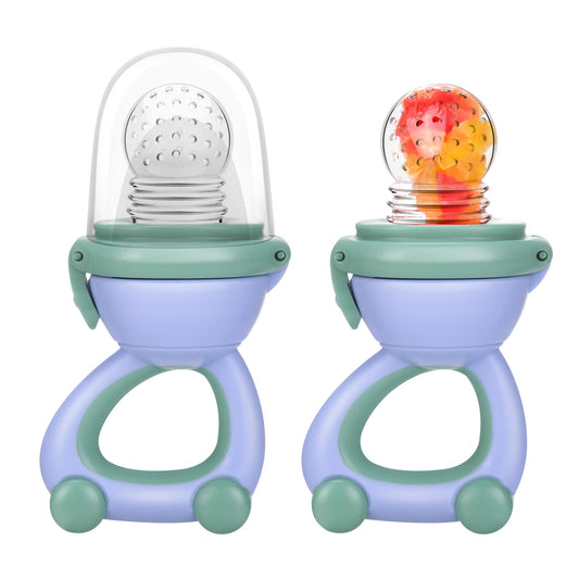 Baby Fruit Food Feeder Pacifier - Fresh Fruit Teething Toy 6M+, BPA Free Safely Introduce Solids Teething Relief Toy Includes Add Silicone Sacs, 2-Pack (Blue)