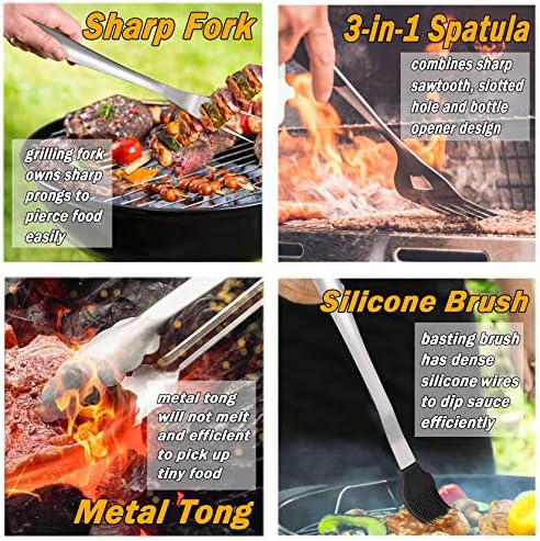 Leonyo Grill Tools Set of 6, 18Inch Extra-Long BBQ Tool Set, Heavy-Duty Barbecue Grilling Accessories, Stainless Steel Spatula, Fork, Tong, Basting Brush, Cleaning Brush, Carrying Bag