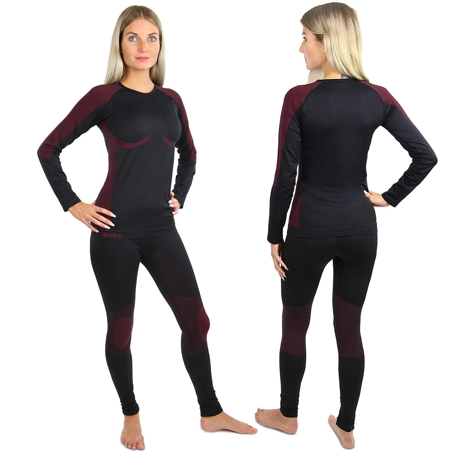 ALPIDEX Functional Wear Thermal Underwear Woman Ski Breathable Quick Drying Clothing Warm Base Layer Ladies Cold Weather Set Long Johns Top Bottom, Size:2XL/3XL, Colour:Black-Red