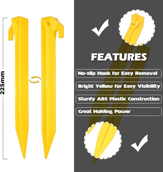 10 Pack Plastic Tent Stakes - 9 Inch Heavy Duty Beach Tent Pegs Canopy Stakes - Essential Gear for Camping, Backpacking, Gardening and More