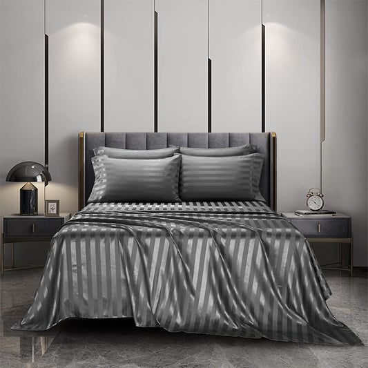 AiMay 4 Piece King Size Satin Bed Sheet Set Stripes Italian Style Deep Pocket Solid Color 1800 Series Luxury Silky Super Soft 1 Flat Sheet 1 Fitted Sheet 2 Envelope Pillowcases(Gray, King 4pc)