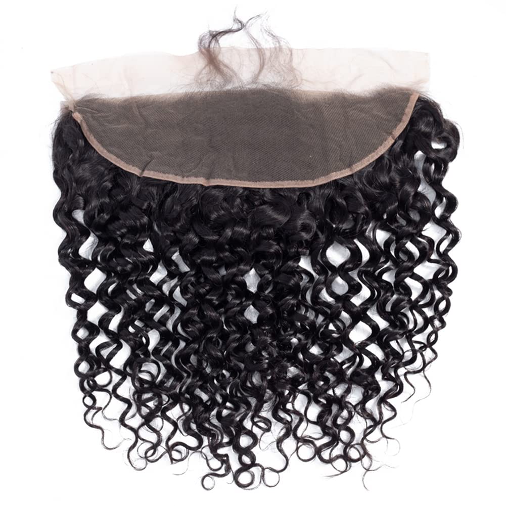 Ainimiu Curly Wave 13x4 Lace Frontal Human Hair Pre Plucked 100% unprocessed Brazilian Virgin Hair Transparent Ear To Ear Lace Frontal Closure With Baby Hair Natural Black 18inch