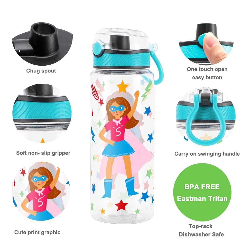 Cute Water Bottle for School Kids Girls, BPA FREE Tritan & Leak Proof & Easy Clean & Carry Handle, 23oz/ 680ml (S-girls)