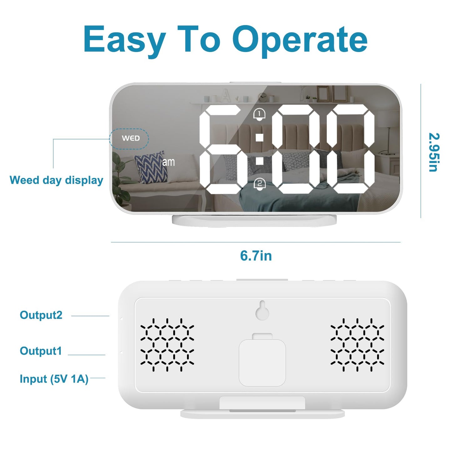 ALANAS Digital Alarm Clock for Bedrooms - Large LED Display, Dual Alarm, Snooze, 3-Level Brightness Dimmer, USB Charging Ports, Battery Backup, Compact Design for Nightstand, Home, Office.