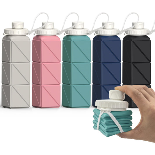 BEAUTAIL Collapsible Water Bottles, Silicone Foldable Portable Water Bottle 610ml, Lightweight Reusable Leakproof for Travel Hiking Sports Outdoor, 5 Pack (Starlight+Pink+Blue+Dark Blue+Black)