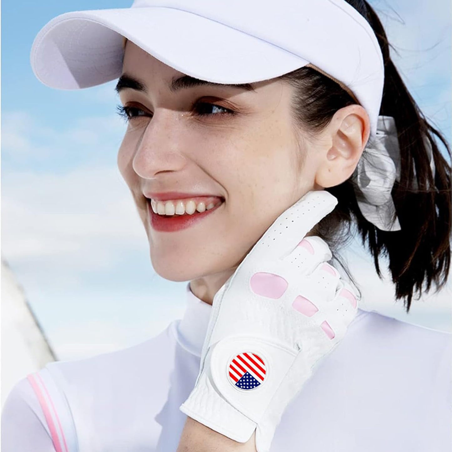 Amy Sport Women's Golf Gloves Left Hand Right with Ball Marker Value 2 Pack, All Weather Grip Rain Soft Leather Pink Size Small Medium Large XL (1 Pair, Small)