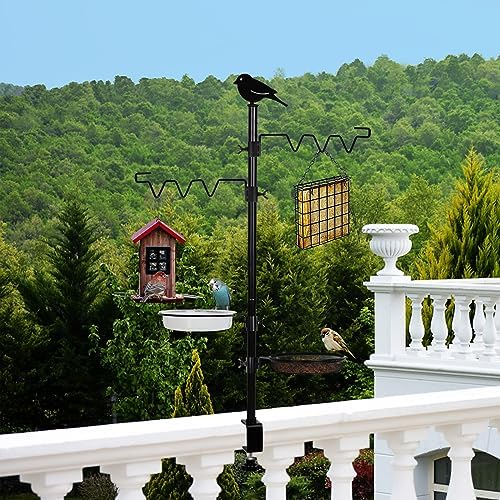 Deck Bird Feeder Station Kit Deck Bird Bath Hook Bird Feeding Pole, Steel Multi Bird Feeder Railing Hanging Kit, Bird Feeder Stand Porch Planter Hanger for Attracting Wild Birds(Black)