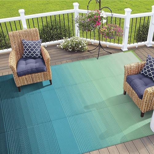 Anidaroel 8x10ft Ombre Outdoor Rug for Patios Clearance, Waterproof Camping Rug for Outside RV, Reversible Plastic Straw Outside Rugs, Large Outdoor Area Rug for Camper, Picnic(Blue&Green,8'x10')
