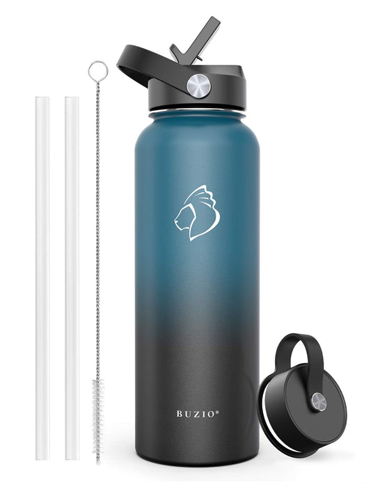 BUZIO Water Bottle with Straw Lid and Flex Cap, 40oz Double Vacuum Stainless Steel Water Flask, Cold for 48 Hrs Hot for 24 Hrs Simple Thermo Canteen Mug, Indigo Black