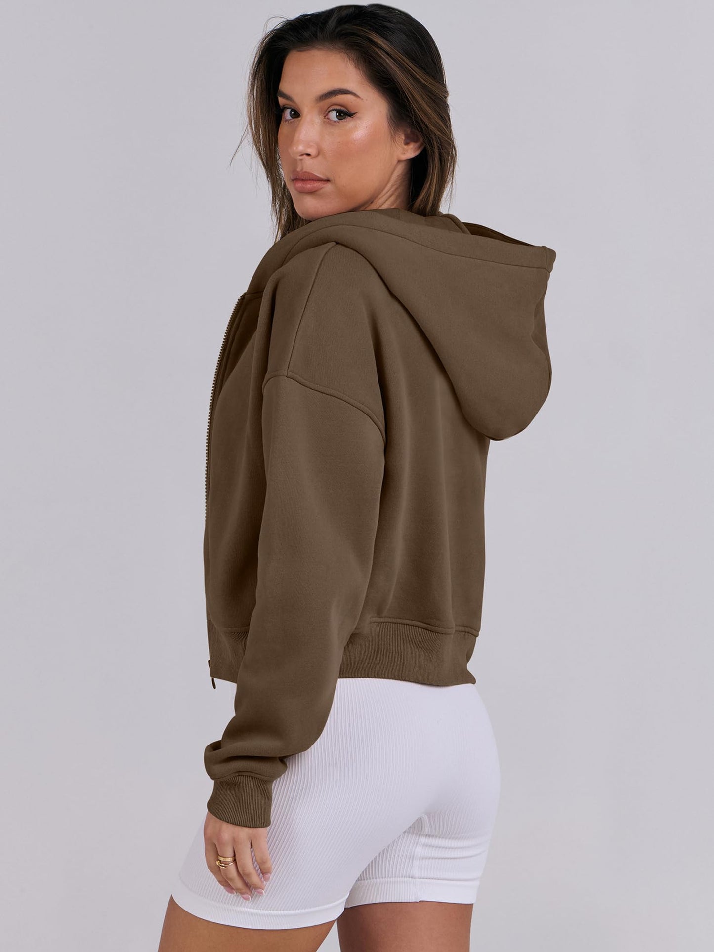 ANRABESS Womens Zip Up Crop Hoodie Sweatshirts 2024 Fall Trendy Long Sleeve Cropped Jacket Top Winter Teen Girls Clothes Dark Brown Medium