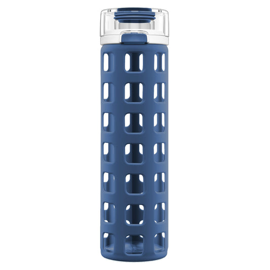 Ello Syndicate Glass Water Bottle with One-Touch Flip Lid and Protective Silicone Sleeve and Carry Loop, BPA Free, Dishwasher Safe, Bold Blue, 20oz