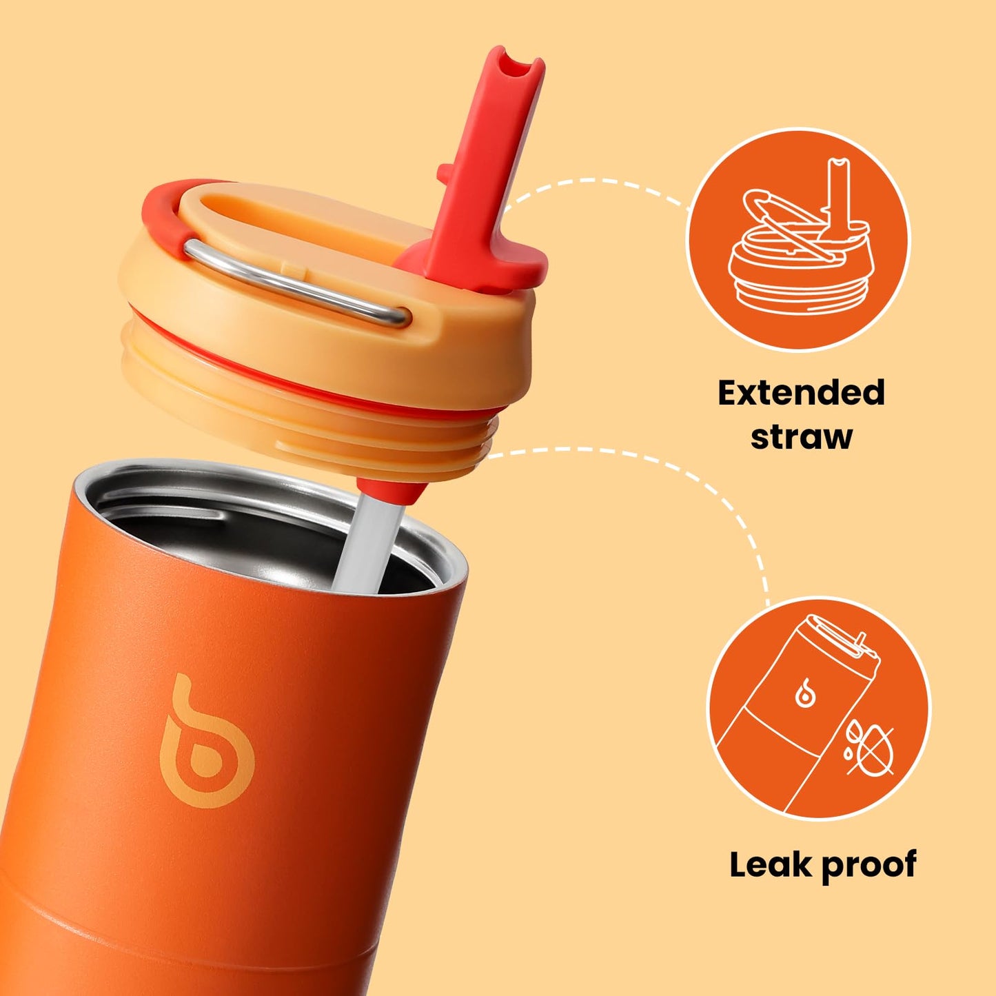 BOTTLE BOTTLE Insulated Water Bottle 24oz with Straw Lid and Handle for Sports Travel Gym Stainless Steel Water Bottles Double-Wall Vacuum Metal Thermos Bottles Leak Proof BPA-Free (Orange)