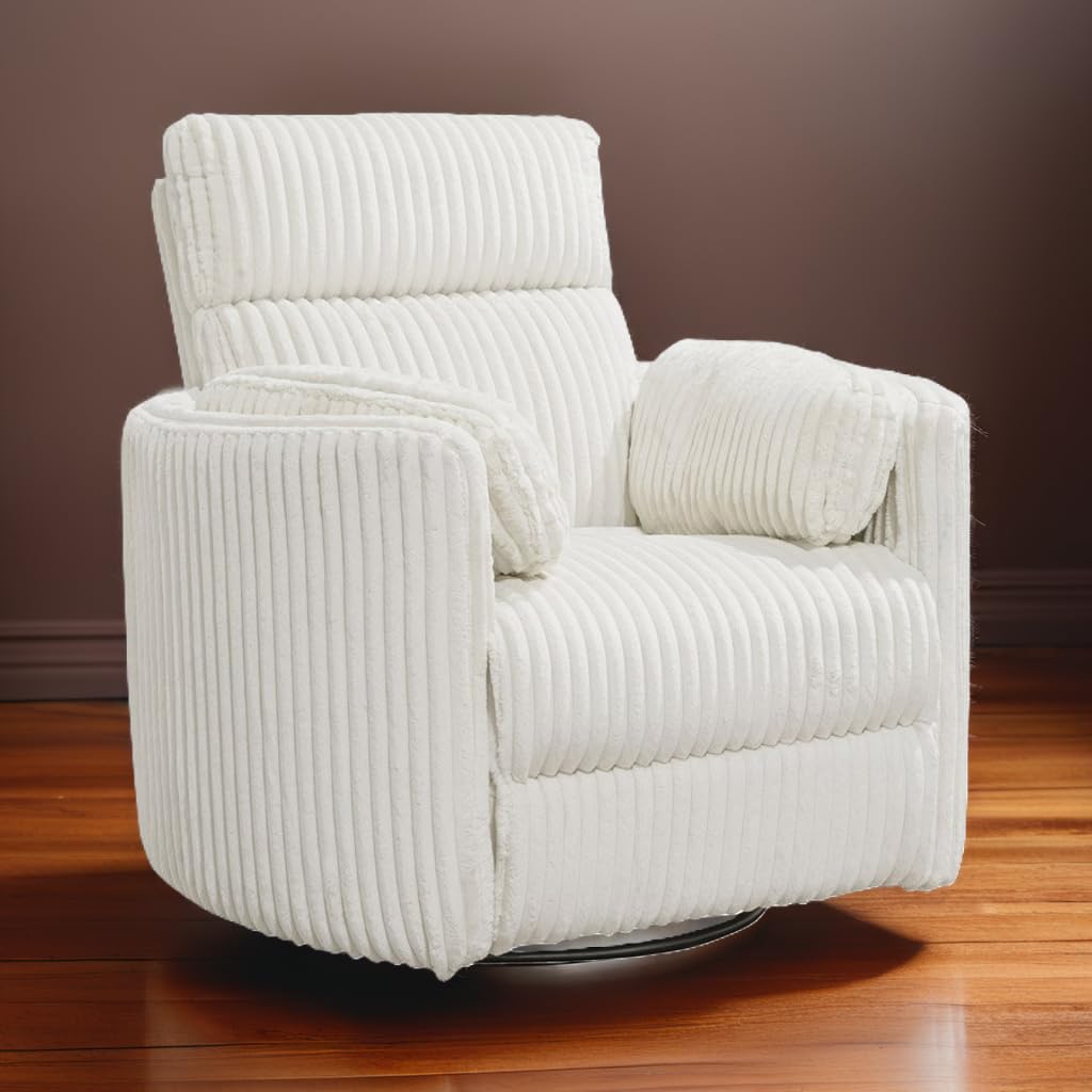 Pemberly Row Contemporary Fabric Swivel Glider Recliner in Ivory with USB Charging Ports and 2 Comfort Pillows for Living Room