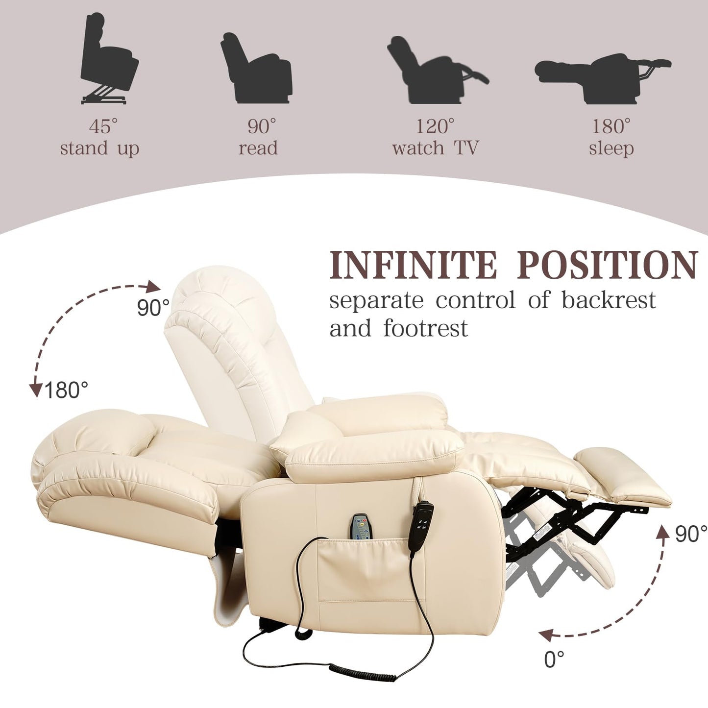Infinite Position Lay Flat Lift Recliner Chair for Adults, Dual Motor Power Lift Chair for Elderly with Massage & Heating, Extended Footrest, USB Ports, Remote Control & Lumbar Pillow, Leather (Cream)